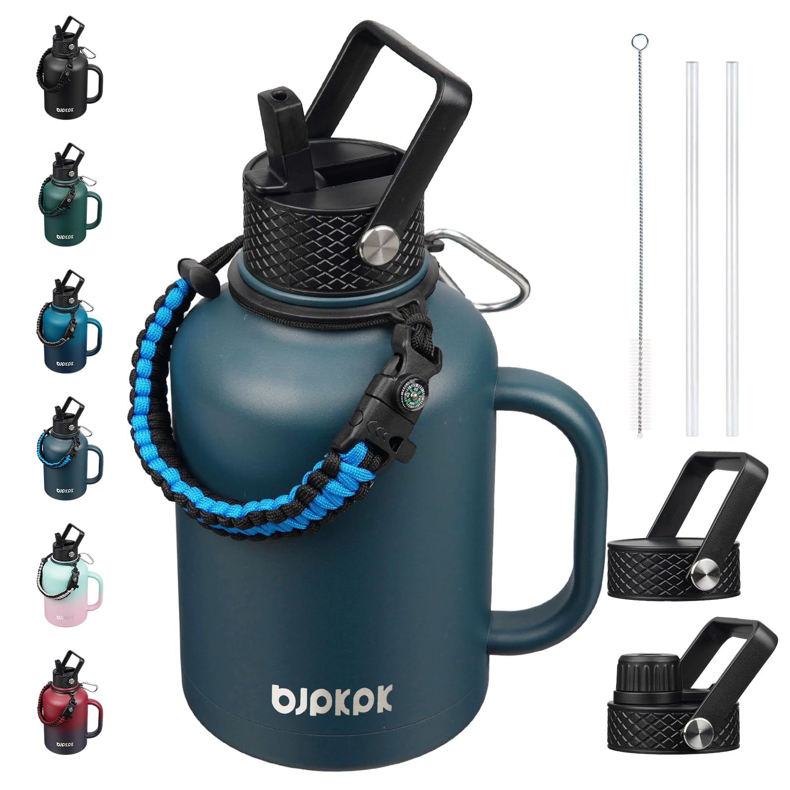 Photo 1 of BJPKPK Large Insulated Water Bottles with Straw Lid & Handle, 50oz, 64oz, 87oz, 128oz Water Bottle with 3 Lids and Paracord Strap, Stainless Steel Metal Water Bottle, Insulated Water Jug, Navy Blue