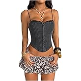 MakeMeChic Women's Y2K Denim Corset Spaghetti Strap Crop Top Contrast Lace Camisole Tops