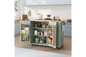 HLR Kitchen Island with Storage, Sage Green Rolling Kitchen Cart on Wheels with Drop-Leaf Bar Countertop, Islands Prep Table with Side Open Spice Rack and Tower Rack, Extra Storage for Kitchen