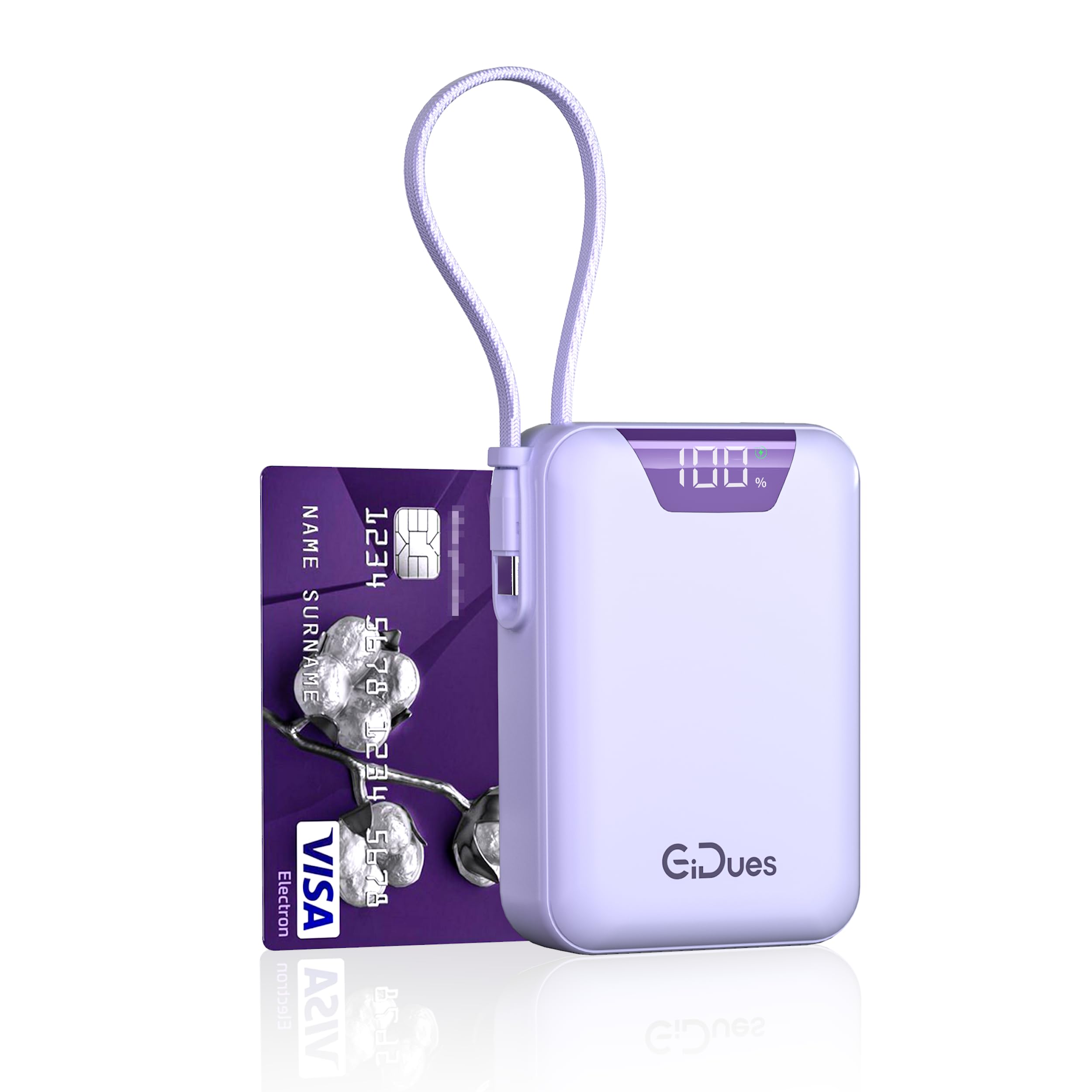 Gidues M2 Portable Charger, 20000mAh Power Bank, PD 35W Ultra Fast USB-C Built-in Cable, Compact Cute Mini External Battery Pack for iPhone, Samsung, Android iPad (Purple)