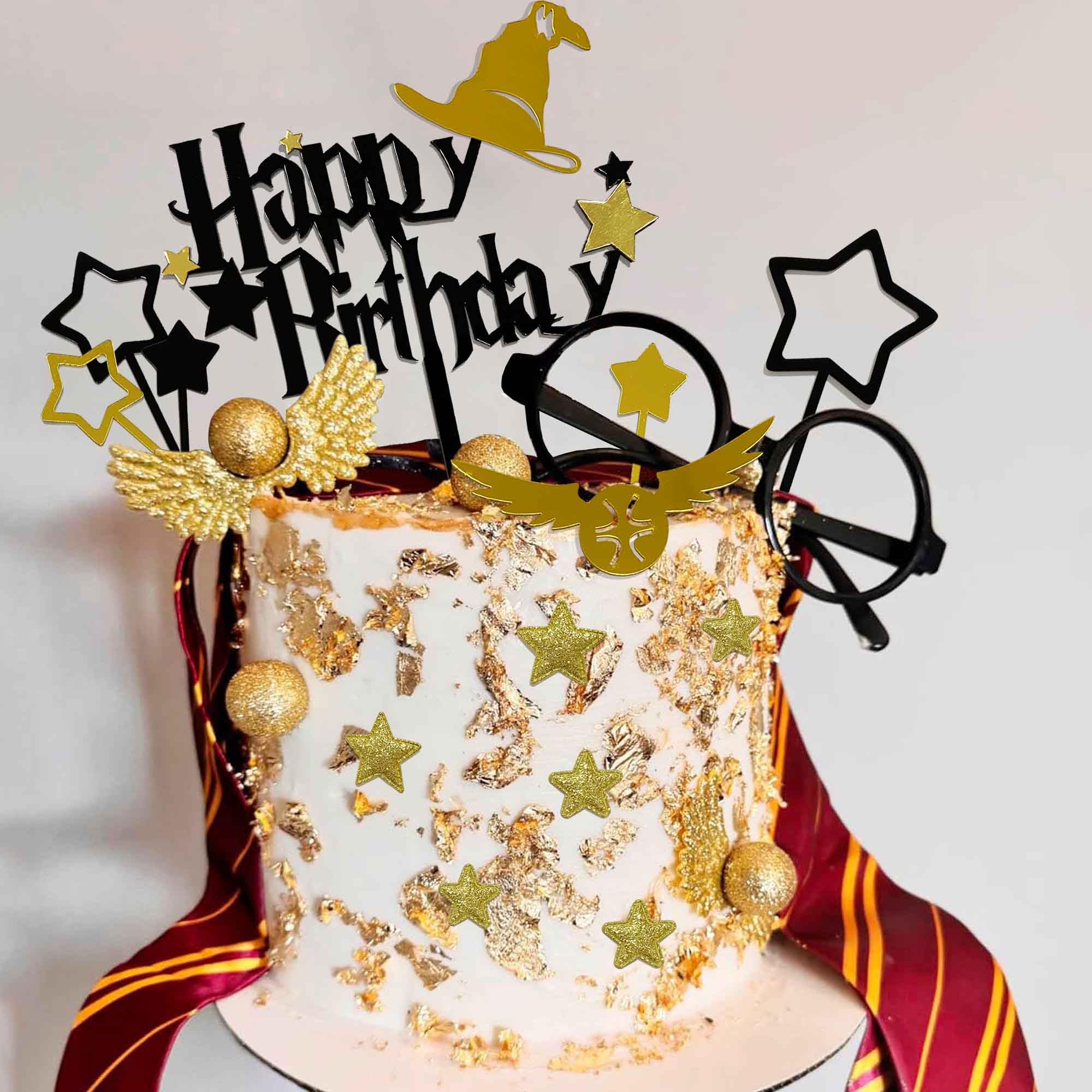 Photo 1 of 25 PCS Wizard Party Cake Decorations Cake Topper with Glasses, Tie, Wings, Stars, Balls, Happy Birthday Acrylic Toppers