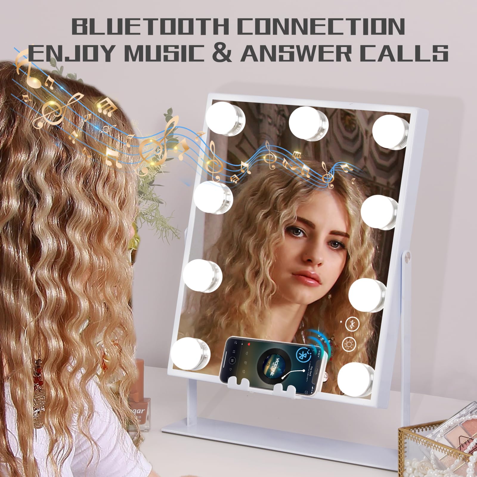 COOLJEEN Vanity Mirror with Lights and Bluetooth, Wireless Charging Lighted Vanity Mirror with Phone Stand, 9-Bulb 3 Color Lighting Tabletop Lighted Makeup Mirror, 360°Rotation
