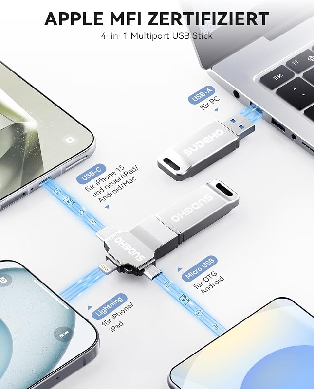 MFi - Chiavetta USB da 128 GB per iPhone, 4 in 1, in metallo, colore: argento