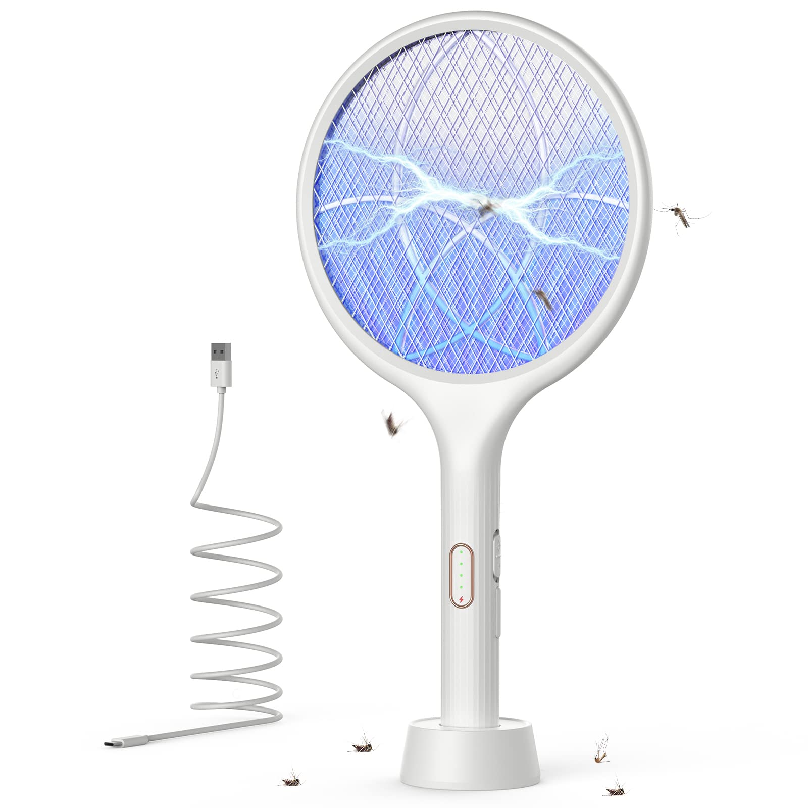 YISSVIC Electric Fly Swatter 4000V Bug Fly Zapper Racket Mosquito Killer 1500 mAh 3 Layers Mesh with USB C Cable Stand Base for Indoor Outdoor