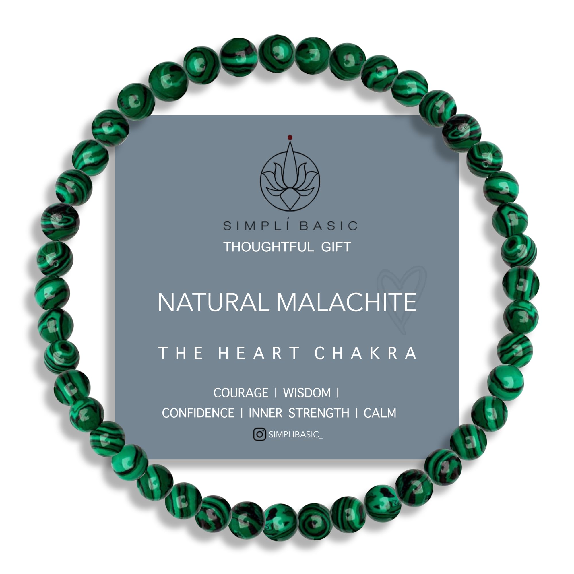 SIMPLÍ BASIC Natural Malachite Healing Gemstone Bracelet 4mm Bead | Womens & Mens | Success | Positive Energy | Wisdom | Inc Gift Box