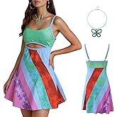 Cilxdr Womens Vintage Print Rainbow Sexy Sheath Dress Adjustable Slip Dress Y2K Retro Bodycon with Butterfly Choker Necklace