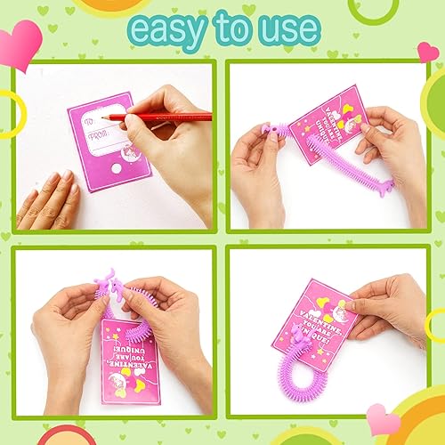 30 Pack Valentine's Day Cards for Kids with Unicorn Stretchy
