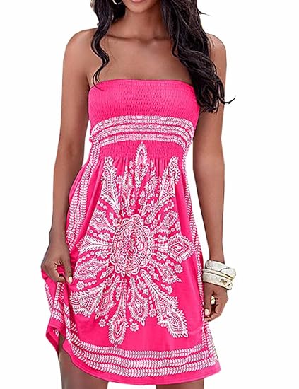 EMMA Damen Sommer Bandeau schulterfrei Flora Muster bunt Boho-Stil Casual Mini Strandkleider