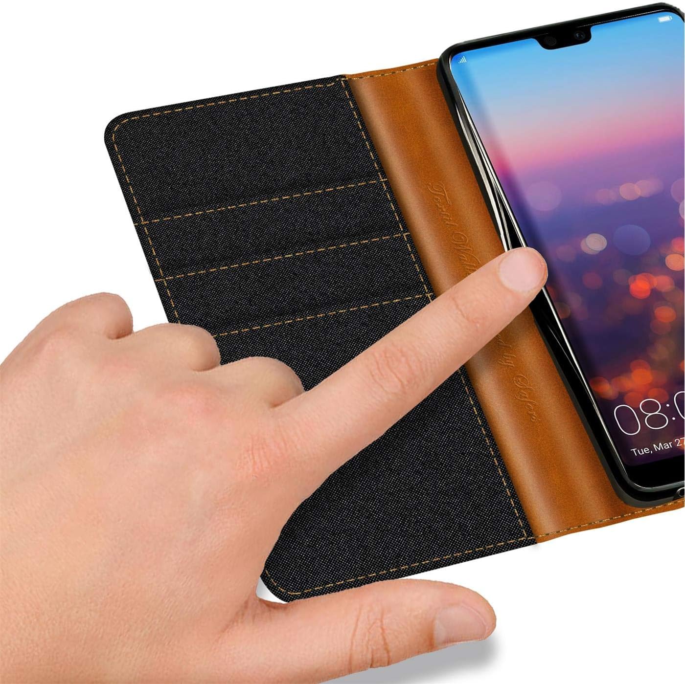 Verco Phone Wallet Case compatible with the Huawei P20 Pro, Canvas Faux Leather Book Cover for the P20 Pro Flip Case Bag Hinged - Black - Image 4