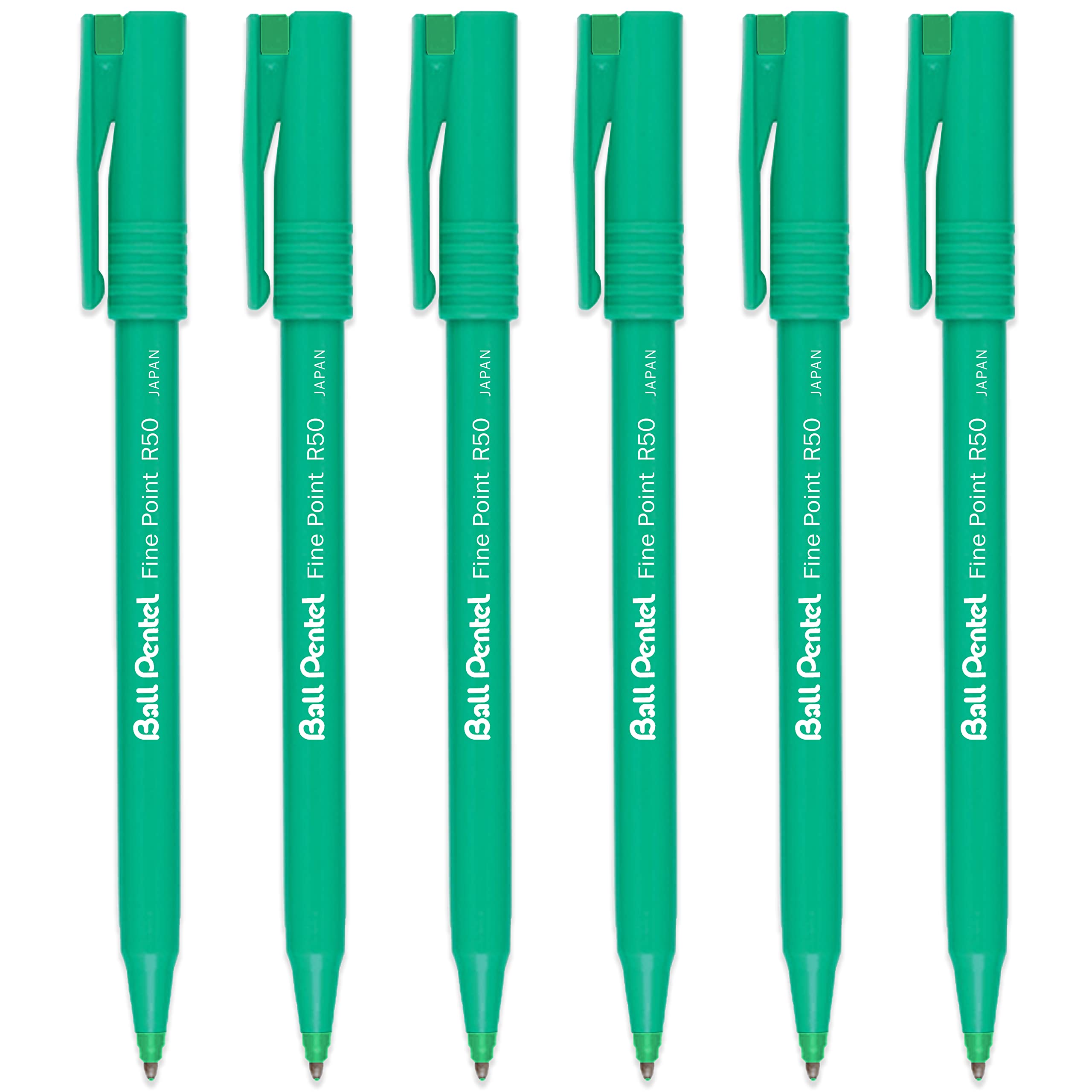Pentel R50 Fine Point Liquid Ink Rollerball Pens - 0.8mm Tip 0.4mm Line Width - 77% Recycled - Pack of 6 - Green