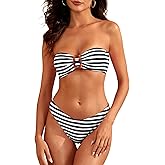 ZAFUL Women's Bandeau Bikini Sets Buckle Strapless Lace Up High Cut 2 Piece Swimsuit Solid Bathing Suit