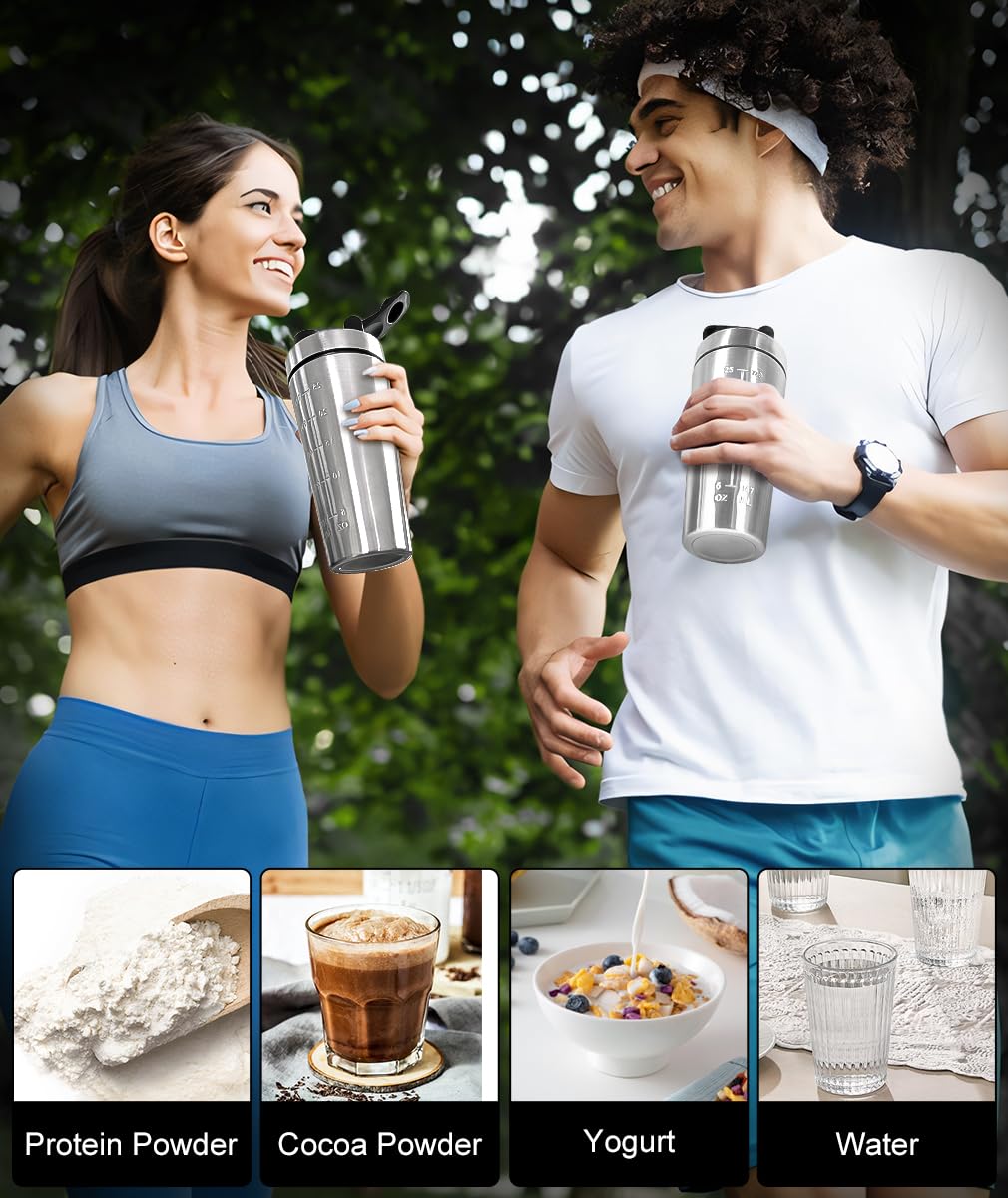 Edelstahl Shaker Proteinshake mit Kugel 750ml Protein Becher Eiweiß Flasche to go Milchshake Blender Metall Bottle, Gym Fitness Sport Shake Schüttler Cup Schüttelbecher Trinkflasche Spülmaschinenfest 3