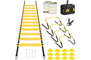 BORNEW Agility Speed Training Equipment Set, Football Practise Set with 20ft Agility Ladder, 12 Cones, 4 Adjustable Hurdles, Jump Rope, Parachute, for Basketball, Soccer, Football, Kids, Youth, Adults