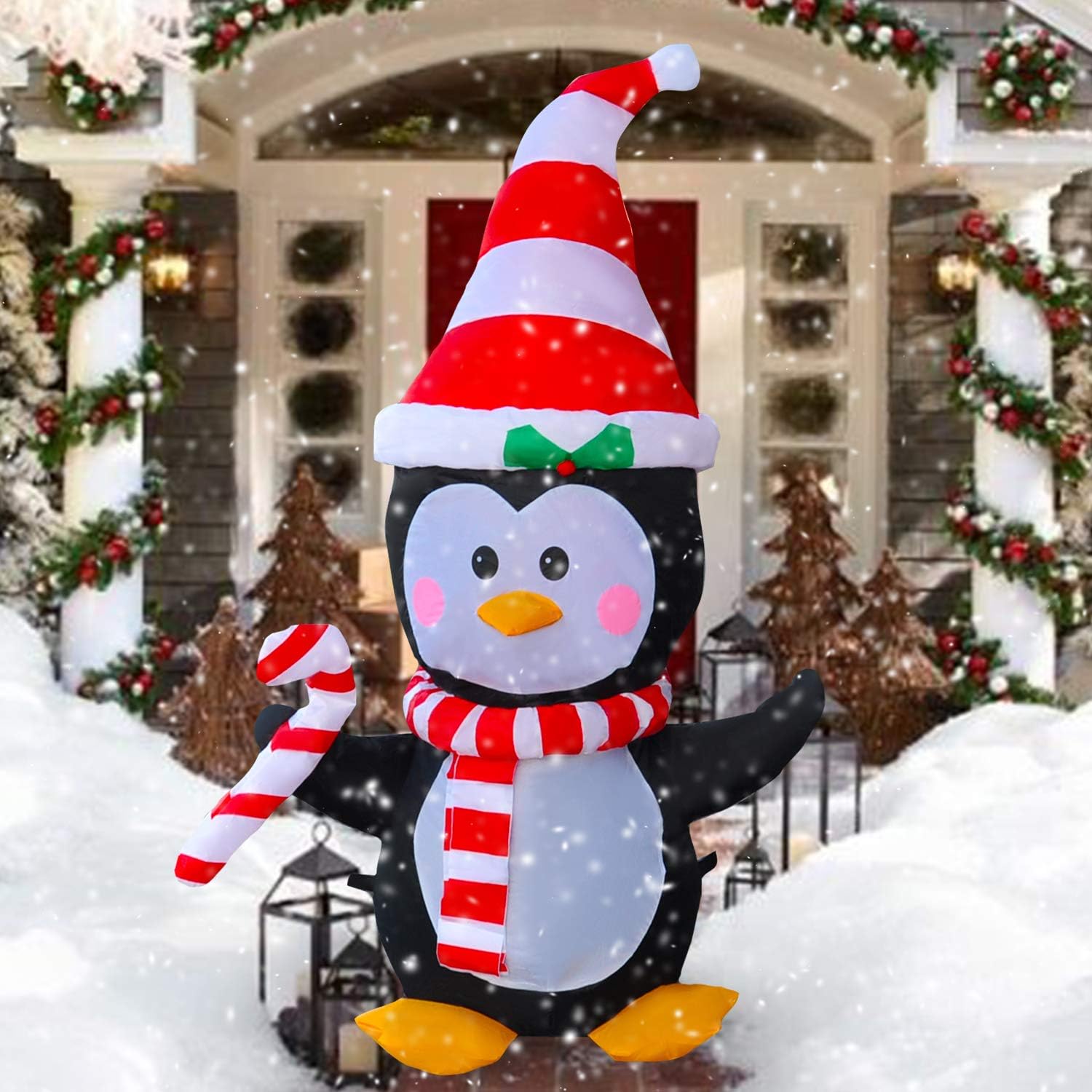 SEASONBLOW 4 Ft LED Light Up Inflatable Christmas Penguin with Scarf & Candy Decoration for Yard Lawn Garden Home Party Indoor Outdoor Holiday Xmas Decor