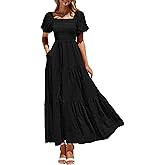 PRETTYGARDEN Womens Summer Puff Short Sleeve Maxi Dress Square Neck Smocked Tiered Ruffle A Line Long Flowy Beach Dresses