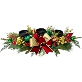 Lnymura Christmas Candle Holder Centerpiece with 3 Candle Holders, Red Bow | Red Gold Velvet Bow, Red Green Gold Ornaments, Evergreen Branches and Berry Accents for Mantels, Coffee Tables