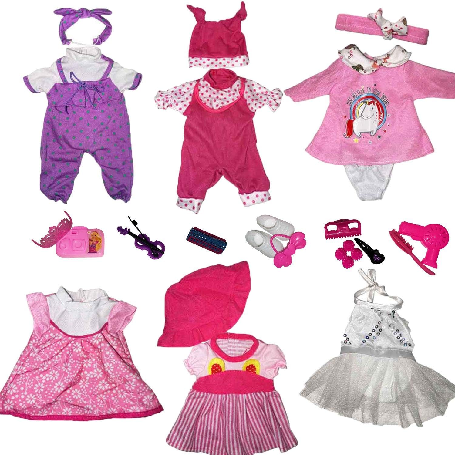 Huang Cheng Toys Playset Pack of Doll Alive Baby Dress Clothes 6 Pieces for 12 Inch American Doll with 14 Pieces Doll Accessories .