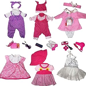 Huang Cheng Toys Playset Pack of Doll Alive Baby Dress Clothes 6 Pieces for 12 Inch American Doll with 14 Pieces Doll Accessories .