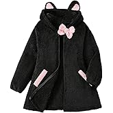 RoseSeek Girl's Bowknot Fuzzy Zip Up Jackets Long Sleeve Hooded Long Coat Cute Winter Outerwear