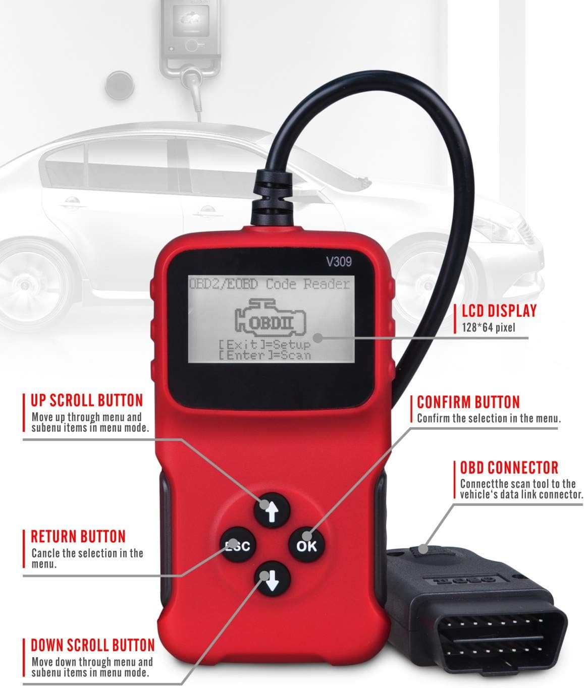 KOYOSO OBD2 Scanner with HD LCD Display Screen, Wired Car OBD2 code