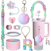 Mity rain 9PCS Cup Accessories for Stanley Cup 30oz 40oz 20oz tumbler with handle - Includes Colorful Water Bottle Handle Strap,Straw Topper,Spill-Proof Stopper,initials Charms,Boot,Pom-Pom Decorate