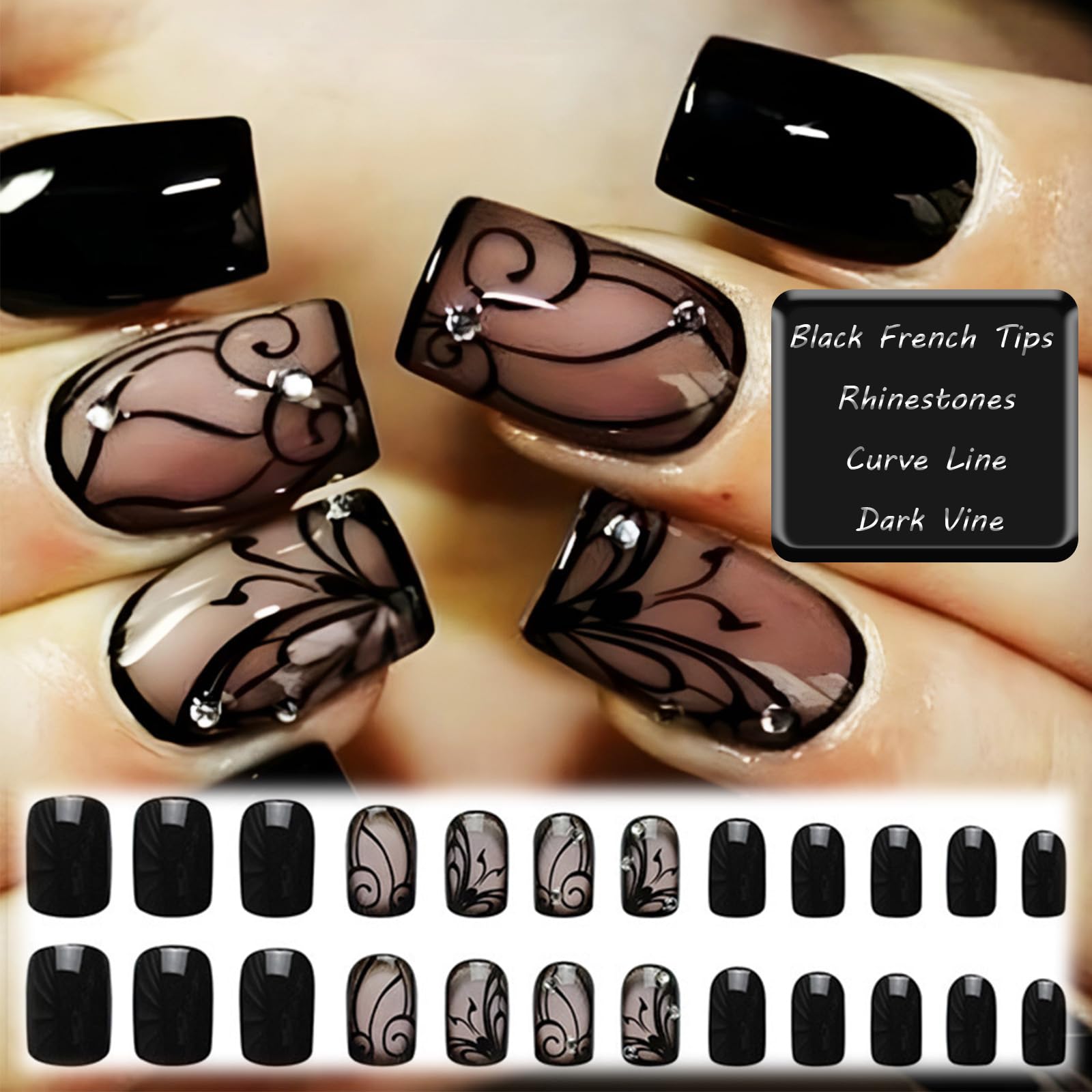 Curve Line Press on Nails Glossy Black Ins Medium Square False Nails Dark Vine Gel Glue on Nails, Rhinestones Acrylic Fake Nails Crystal Stick on Nails for Manicure Art Coquette Women Girls 24Pcs - Image 3