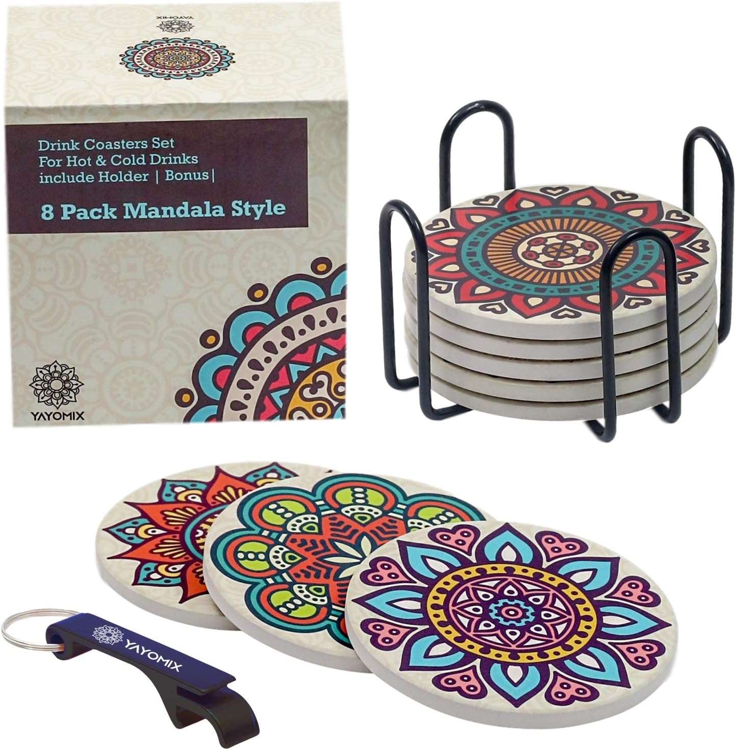 8 Absorbent Stone Coasters with Colorful Mandala Design and Elegant Black Metal Holder to Protect your Furniture - For Hot or Cold Beverages