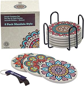 8 Absorbent Stone Coasters with Colorful Mandala Design and Elegant Black Metal Holder to Protect your Furniture - For Hot or Cold Beverages