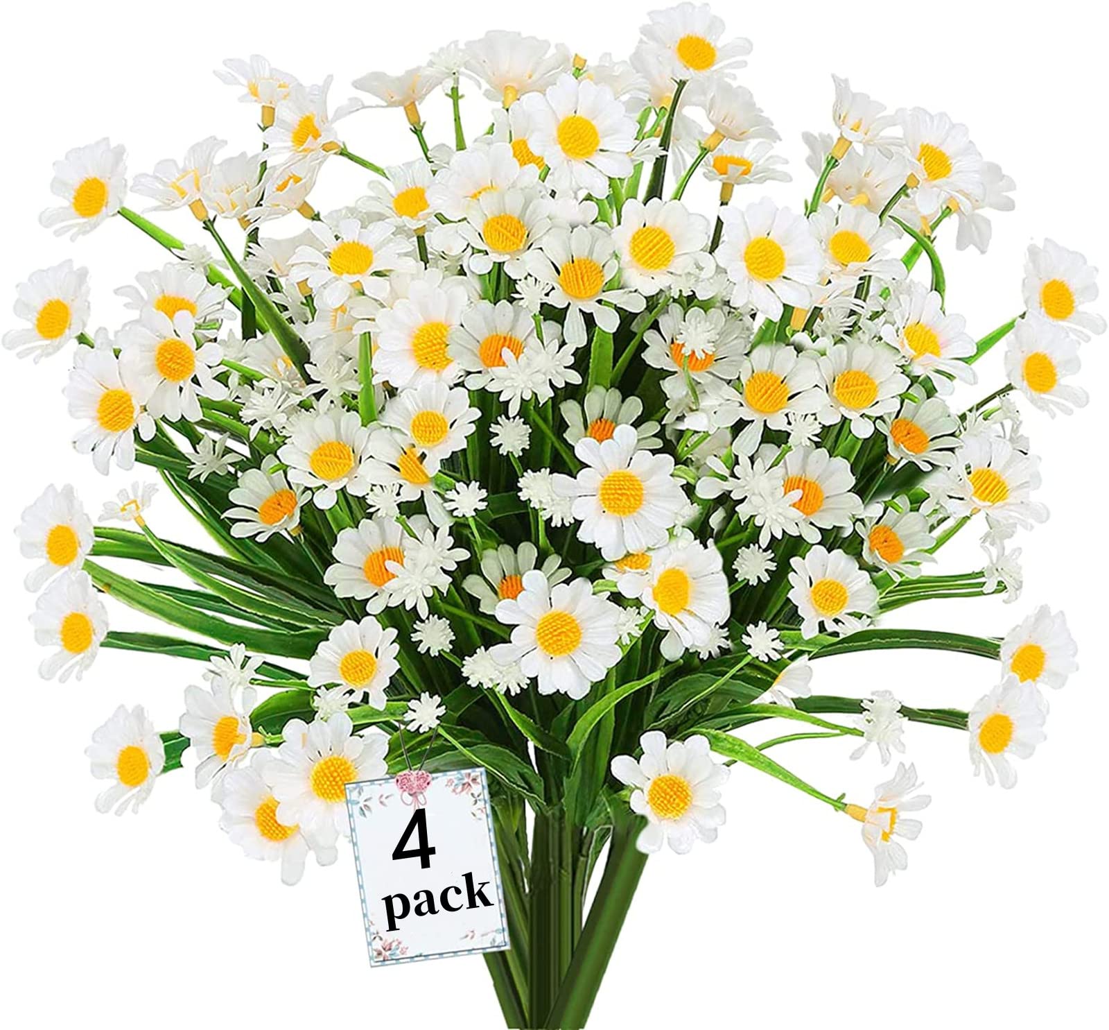 4PCS Artificial Daisy Flowers Outdoor Spring Summer Decoration UV Resistant Fake Flowers Faux Plastic Greenery Shrub Plant Indoor Outside Hanging Garden Home Porch Wedding Party Decor (White) — image 1