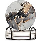 BaHomeck Ceramic Drink Coasters Set of 4 with Holder Round Water Absorbent Grey Gold Fashion Marble Coasters Tabletop Protection (Cork Base),Suitable for Various Mugs,Home Decor,4 Inch