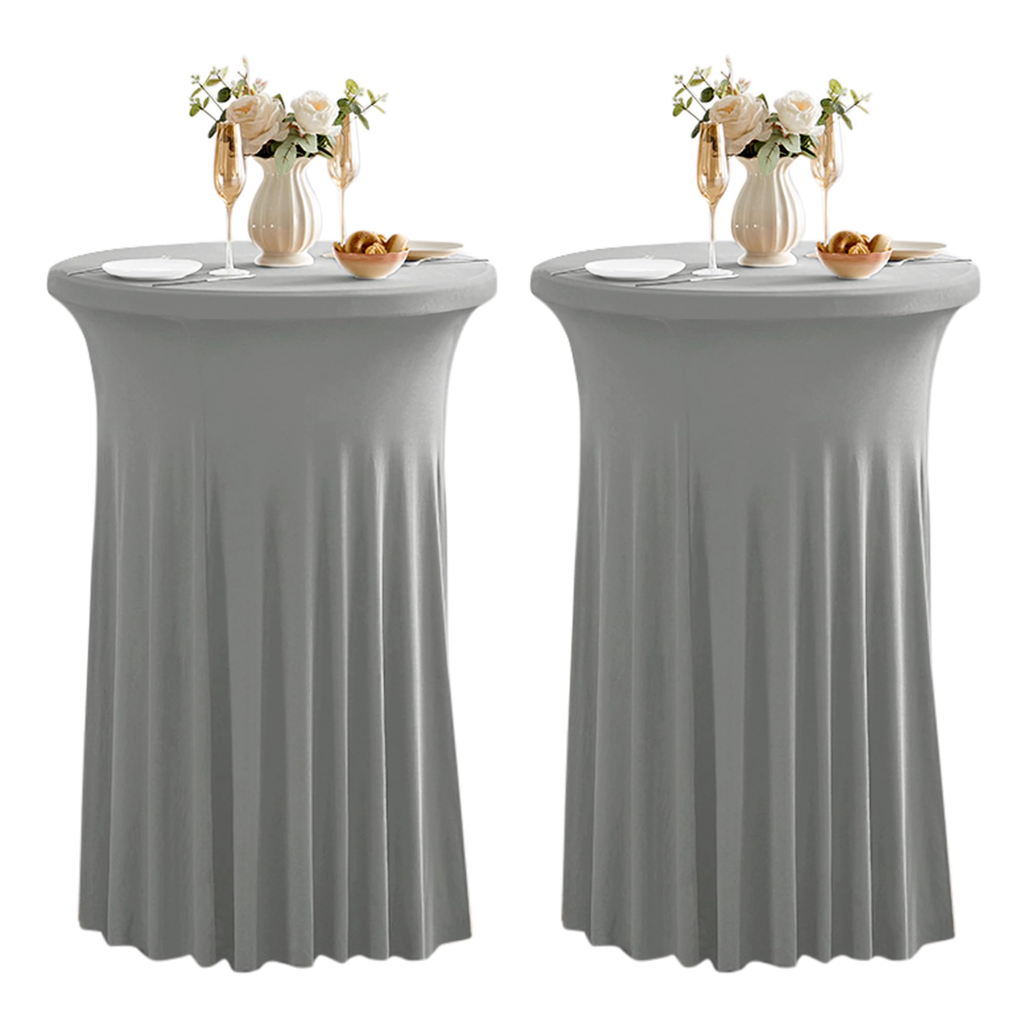 Photo 1 of 2 Pack Grey High Top Cocktail Tablecloth Stretch Cocktail Table Cloth with Skirt Fitted 32 inch Round Spandex Table Cloths for Party Wedding Banquet Birthday
