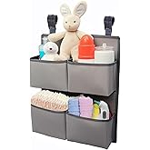 KIKJOK Hanging Diaper Organizer for Crib/Playpen/Bassinet – Hold 80+ Diapers - 4 Deep Pockets-H19in x L15 in Changing Table Diaper Holder - Hanging Diaper Stacker Nursery Caddy Organizer - Grey