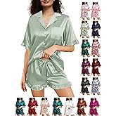 WJing Yi Jia Womens Silk Pajamas Set XS-4XL Button Down Satin Pajama Sets Silky Pj Set Ruffle Sleepwear Lounge Set Nightwear