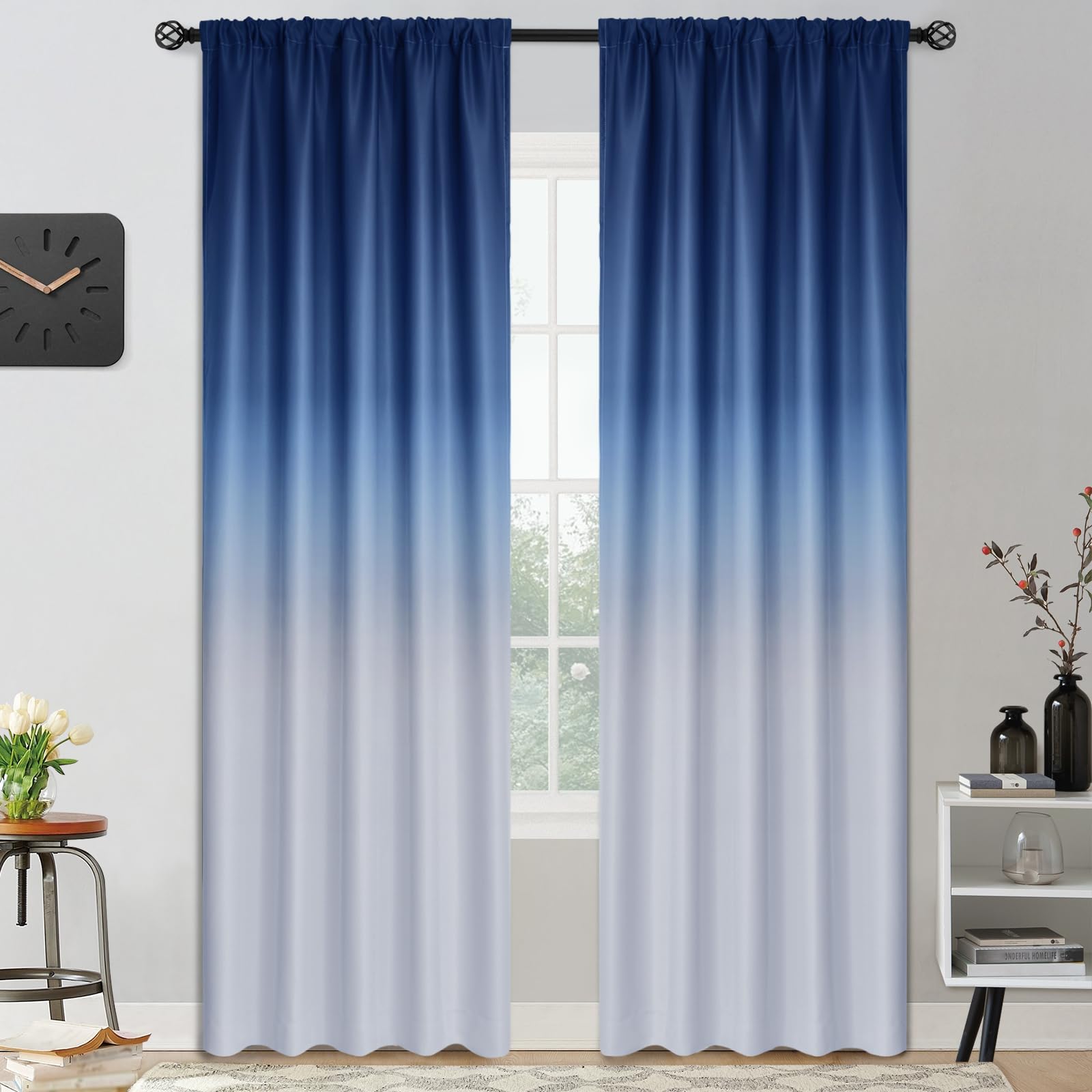 Yakamok Rod Pocket Ombre Room Darkening Curtains for Living Room, Light Blocking Blue and Greyish White Gradient Curtians, Thermal Insulated Window Curtains/Drapes for Bedroom,(2 Panels, 52x84 inches)