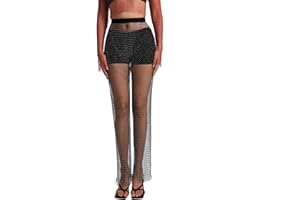 JMOREDEEP Women Crystal Rhinestone Mesh Pants Black Hollow Out Beach Pants Sexy Swimsuit Bikini Bottoms