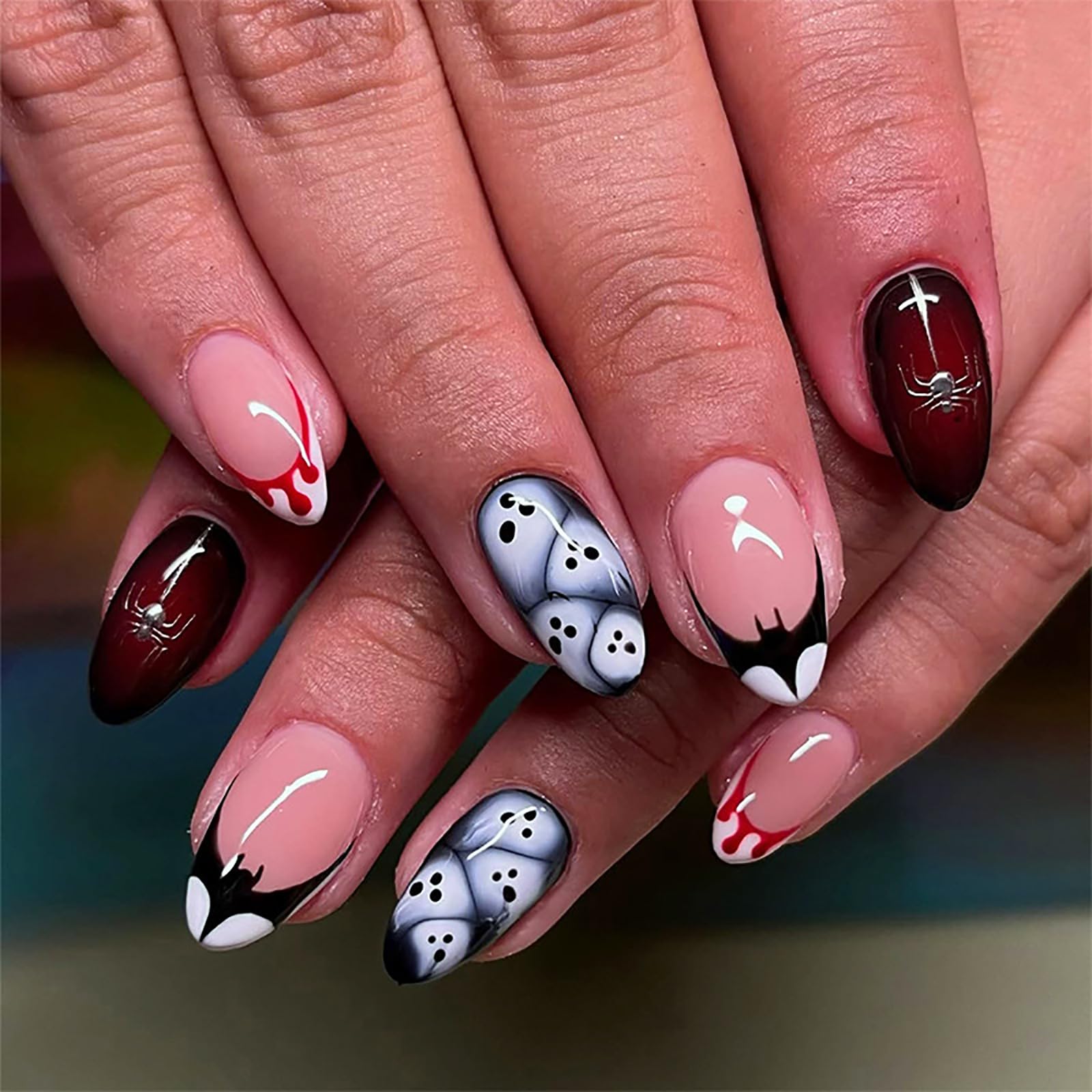 Photo 1 of 24Pcs Short Almond Press on Nails Halloween Fake Nails French Tip False Nails with Ghost Spider Bat Design Halloween Nails Press ons Artificial Full Cover Glue on Nail Holiday Stick on Nail for Women