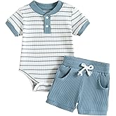 Hihosdor Baby Boy Outfits Ribbed Short Sleeve Striped Romper Top Solid Shorts with Pocket Baby Boy Summer Clothes 0-18M