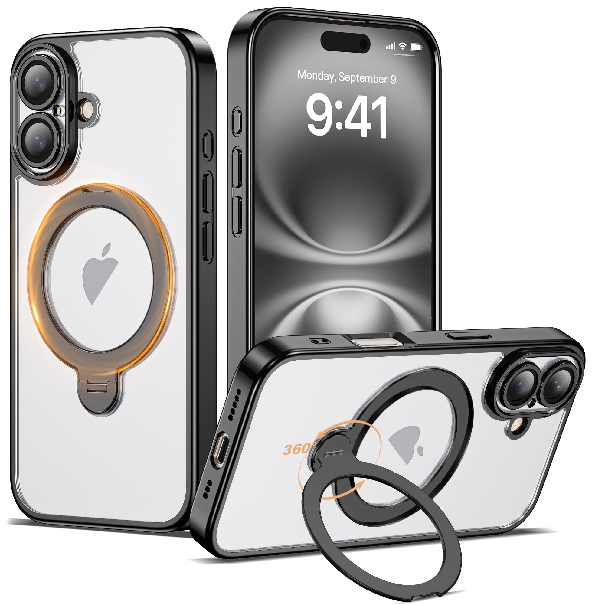 AmoraAqua Compatible with iPhone 16 Case with 360° Spin Magnetic Ring Stand [Compatible with Mag-Safe] Full Camera Lens Protector Plating Drop Clear Phone Case for iPhone 16 6.1", Black