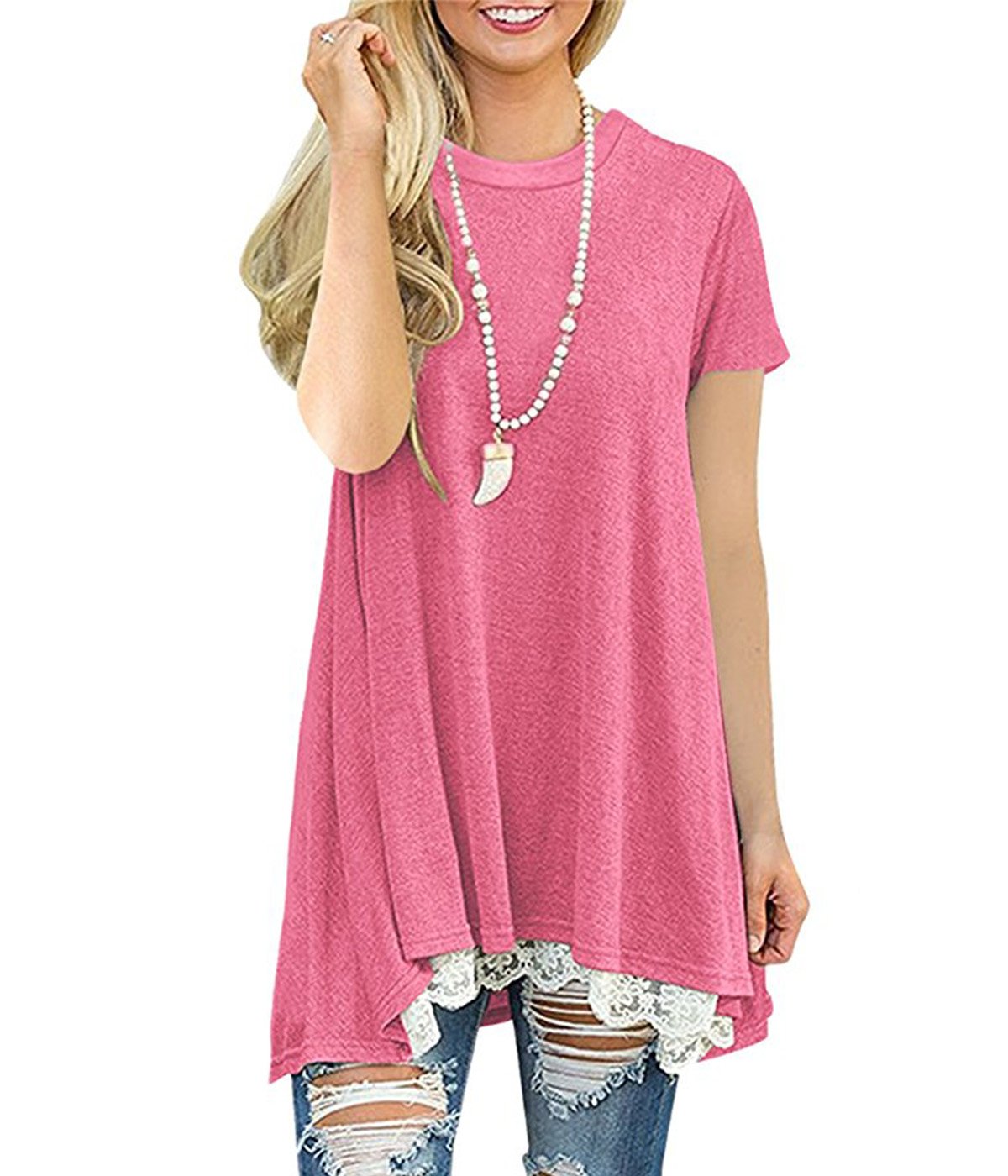 Rdfmy Women\'s Lace Short Sleeve Tops Casual Round Neck Top Blouses Pink XXL