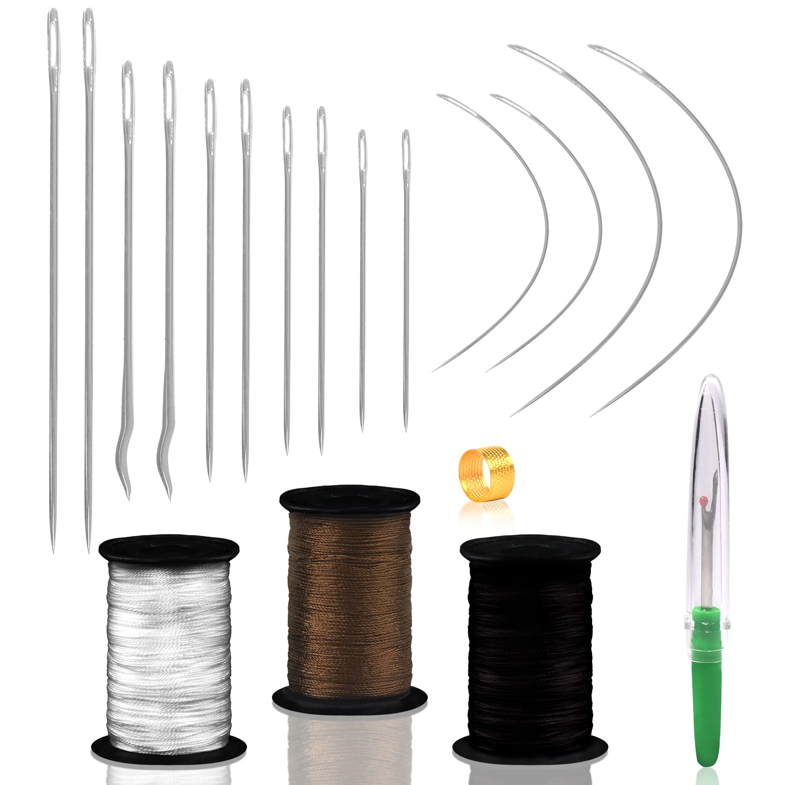 19 Pack Upholstery Needle and Thread Kit, Leather and Curved Needles, Nylon Thread, Thimble, Seam Ripper for Canvas, Leather, Carpet Repair