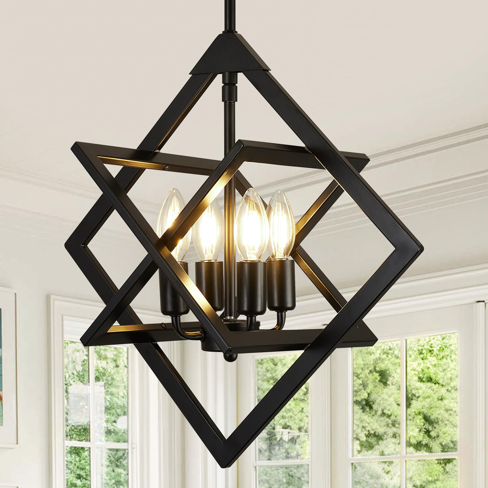 Photo 1 of 18" Black Chandelier, 4-Light Farmhouse Geometric Ceiling Dining Room Fixture, Modern Rustic Foyer Lighting Fixtures, Industrial Hanging Light Fixture Pendant Lights for Kitchen Island, Entryway