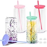CHLJAR 4 Pack Acrylic Snow Globe Tumbler, 20oz Snowglobe Cups with Pre Drilled Hole, Double Wall Plastic Cups Blanks with Colorful Lid and Plastic Straw, Glitter Snow Globe Cup for DIY Gift