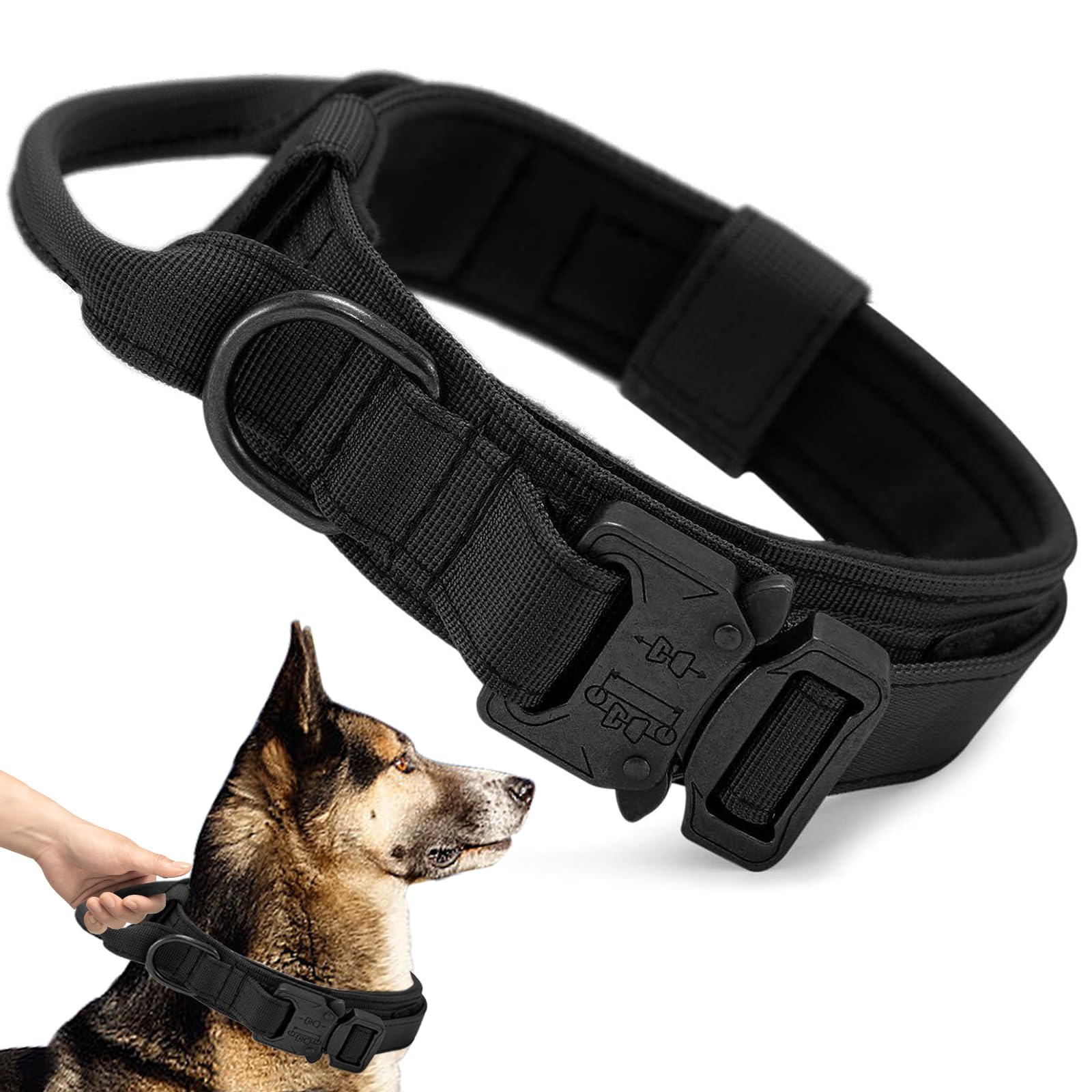 Ceboic Tactical Dog Collar, Military Nylon Dog Collar Soft Padded Adjustable Pet Collar with Control Handle and Heavy Duty Metal Buckle, Dog Training Collar for Medium Large Dogs (Black, XL)