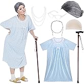 yeabwps Old Lady Costume for Women, 7 Pcs Grandma Costume Granny Costume Old Lady Glasses Old Lady Dress Old Lady Wig for Halloween Adults Cosplay