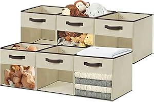 DECOMOMO Storage Bins, Cube Storage Bin with Window, Fabric Storage Cubes for Shelves (11" / 6pcs, Beige)