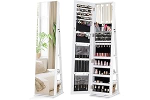 CHARMAID Swivel Jewelry Armoire with Full-Length Mirror & Lighted Makeup Mirror, 360° Rotating Jewelry Cabinet Organizer for 