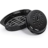 13” Roaster Pan with Lid and Rack, Small Enamel Roaster Pan with Oval Roasting Rack, Granite Baking Pot for Chicken Turkey Lamb, Heat Resistant, Oven/Dishwasher/All Stovestops Compatible