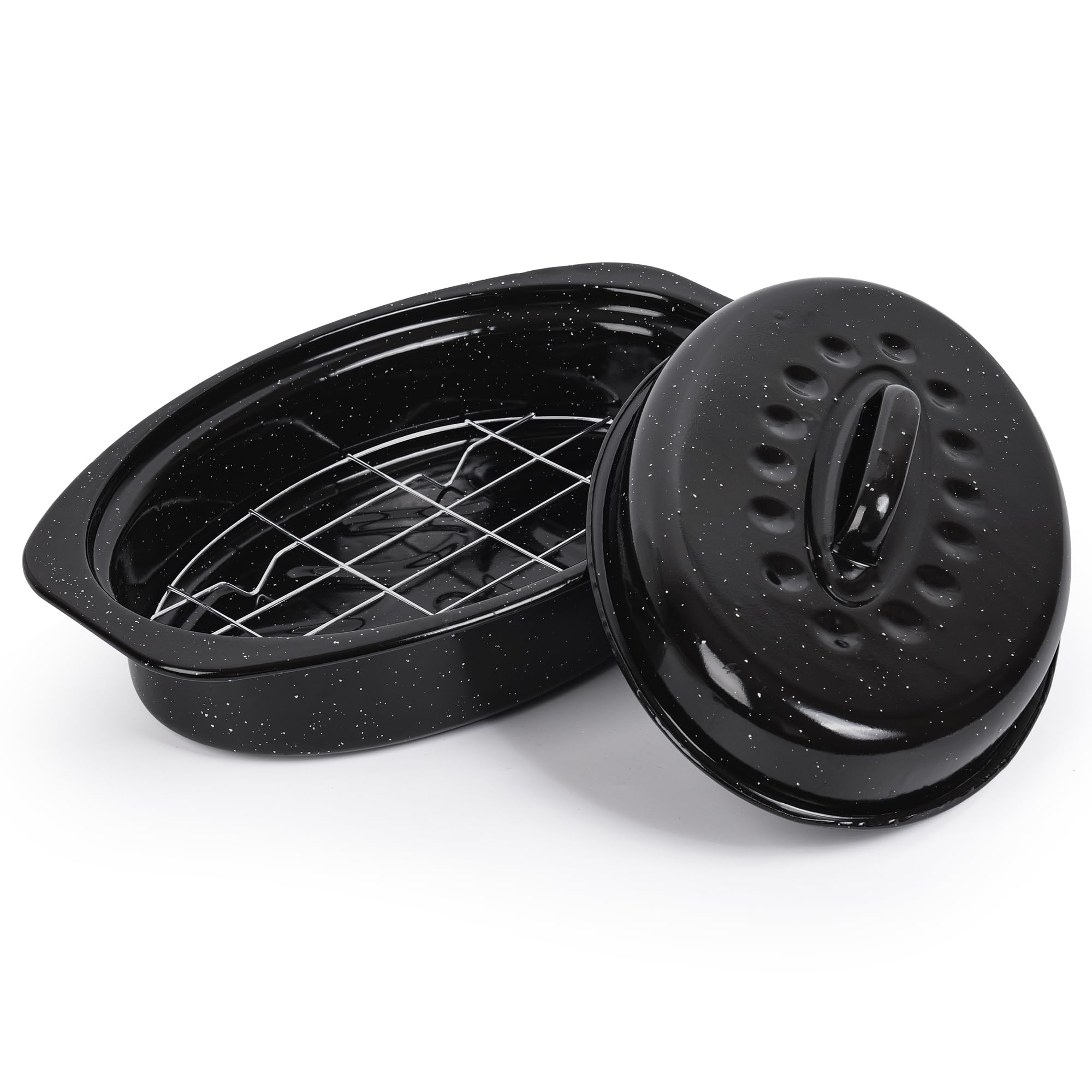 Photo 1 of 13” Roaster Pan with Lid and Rack, Small Enamel Roaster Pan with Oval Roasting Rack, Granite Baking Pot for Chicken Turkey Lamb, Heat Resistant, Oven/Dishwasher/All Stovestops Compatible
