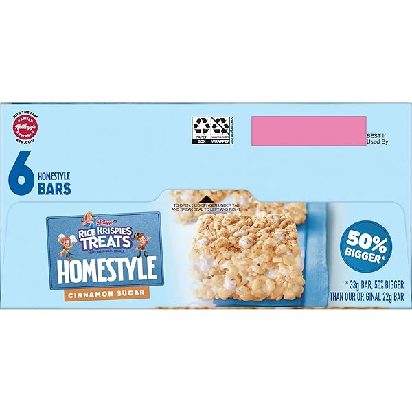 RICE KRISPIES TREATS HOMESTYLE MARSHMALLOW SNACK BARS, KIDS SNACKS, LUNCH SNACKS, CINNAMON SUGAR FLAVOR, 6.98OZ BOX (6 BARS)