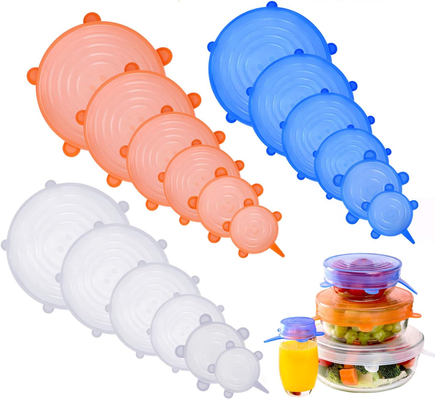 NEWBEA Silicone Stretch Lids,18-Pack of Various Sizes to Fit Various Sizes and Shapes of Containers,Reusable, Durable and Expandable Food Covers As Seen On TV,Keeping Food Fresh